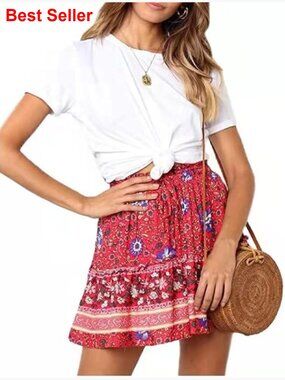 Floral Flared Short Skirt High Waist Ruffle Mini Skirt
